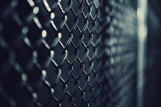 Chain link fence illuminated by soft light in a dimly lit space photo