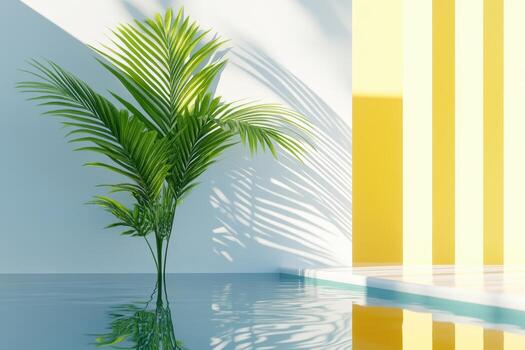 Lush green palm tree reflected in tranquil water with minimalist background photo