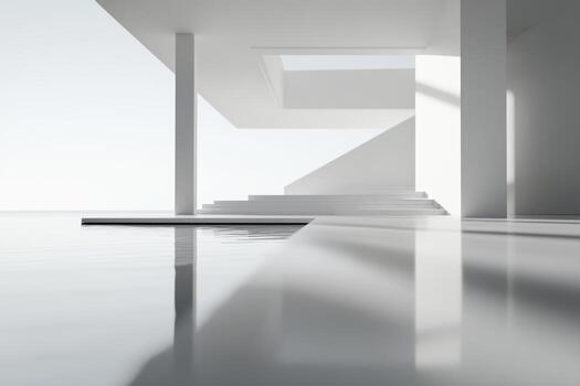 Modern architectural space with minimalistic design and reflections on water photo