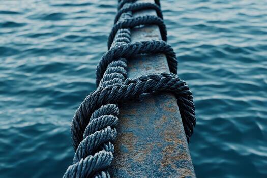 Rope coiled around a pier post with water in the background photo