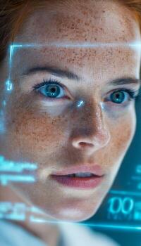 Close-up of a woman's face with digital interface elements displaying in a futuristic setting photo
