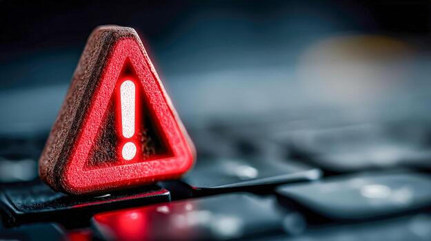 Illuminated warning sign with exclamation mark on a keyboard in a dark setting photo