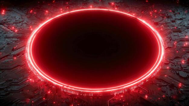 Futuristic digital portal with glowing red circular frame on circuit board background photo