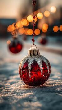 Close-up of a red Christmas ornament with snow on the surface hanging on a string against festive bokeh lights in the background photo