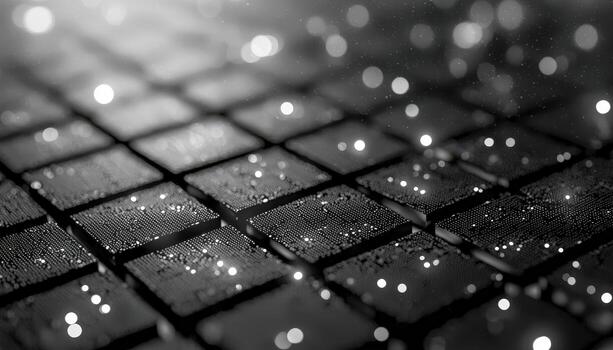 Close-up of a technological device with illuminated microchips and circuit board patterns photo