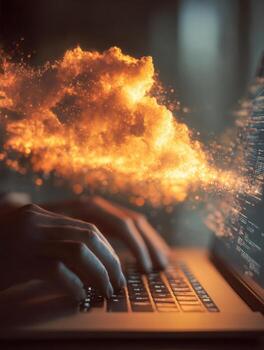 Futuristic digital firestorm a person typing on a laptop with a blazing cloud of glowing particles emerging from the screen, illustrating the power of technology and data processi photo