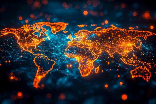 Illuminated world map with digital network connections and glowing outlines of continents in a high-tech futuristic style photo
