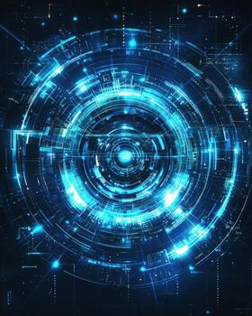 Futuristic digital interface with glowing blue elements and concentric circles photo