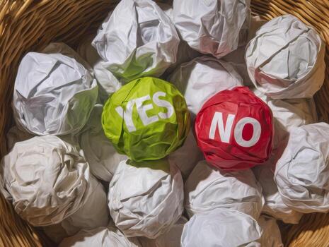 conceptual imagen de decisión haciendo con verde papel pelota etiquetado si y rojo papel pelota etiquetado No entre estropeado blanco documentos en cesta, simbolizando elecciones, opciones y respuestas foto