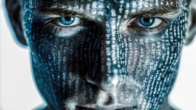 Close-up of a persons face overlaid with digital code patterns symbolizing artificial intelligence, technology integration, and the fusion of human and machine elements photo