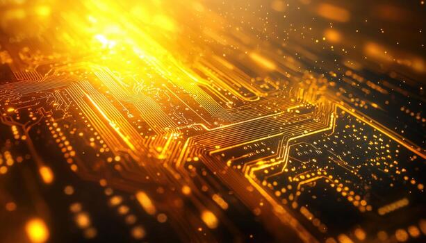 de cerca de un brillante computadora circuito tablero con brillante naranja ligero efectos foto