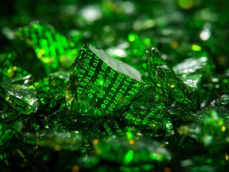 Shattered digital data fragments with glowing green binary code in a futuristic scene photo
