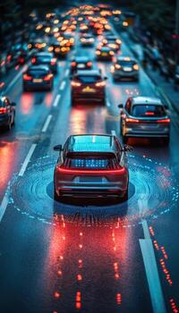 Futuristic autonomous car with digital interface on a busy city street at night photo