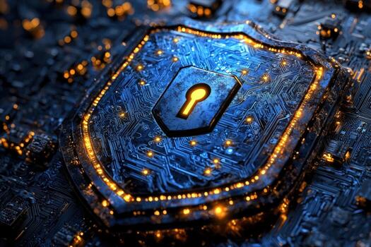 Digital security concept with illuminated lock and circuit board background photo