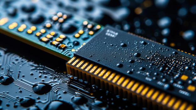 Close-up of a computer memory module with water droplets on its surface photo