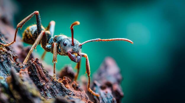 Close-up of a tiny ant exploring a textured tree surface on a vibrant background photo
