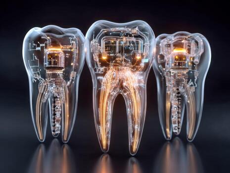 Futuristic digital rendering of a tooth with internal circuitry and glowing details photo