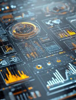 Advanced futuristic data analysis interface displaying dynamic graphs, charts, and holographic elements in a sleek high-tech digital environment photo