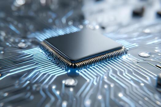 de cerca de un computadora procesador en un circuito tablero con brillante azul conexiones foto