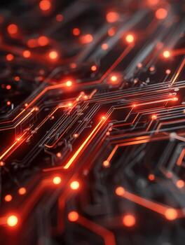 Close-up of a futuristic glowing red circuit board with intricate electronic pathways and illuminated connection points creating a high-tech glowing effect photo