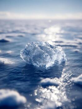 Close-up of a translucent ice chunk resting on a frozen sea surface, illuminated by soft sunlight reflecting off the icy water and surrounding snow patches photo