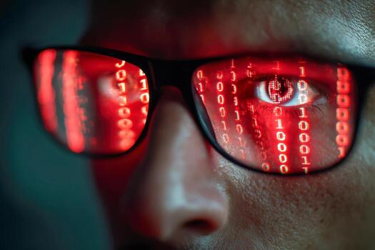 Close-up of a person's eye reflected in glasses displaying red digital binary code representing cybersecurity and data analysis concepts photo