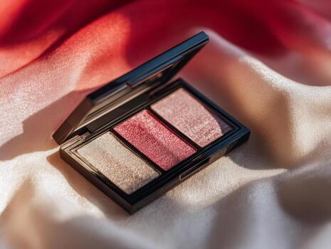 Close-up of a shimmering three-color eyeshadow palette resting on soft gradient satin fabric in warm natural light with elegant and vibrant tones photo