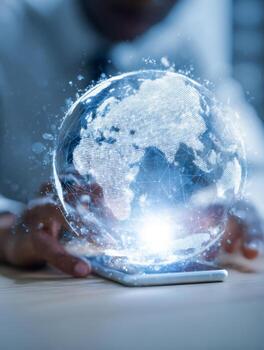 A person interacting with a digital holographic globe on a smartphone, symbolizing global connectivity, advanced technology, and the digital transformation of information sharing photo