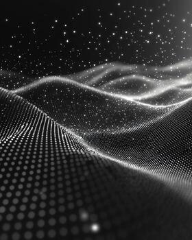 Abstract digital wave pattern with glowing points and flowing lines in black and white photo