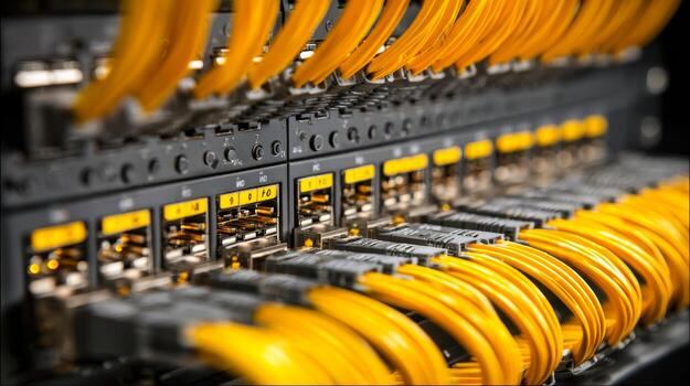 Close-up of a network switch with yellow Ethernet cables connected for data transfer photo