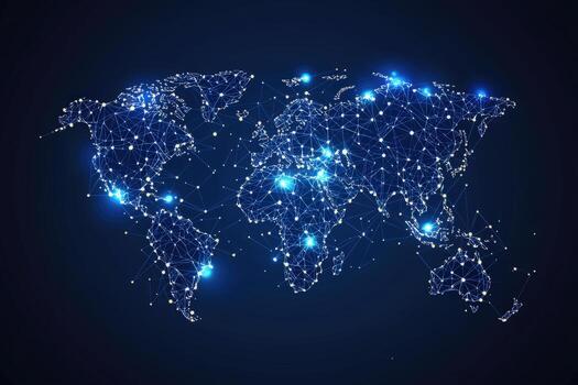 Digital world map with interconnected glowing nodes representing global connectivity photo