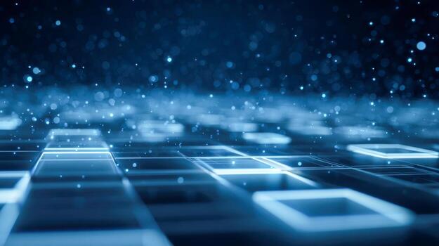 Futuristic glowing grid with illuminated squares and digital particles creating a high-tech abstract background in blue tones for technology concepts photo