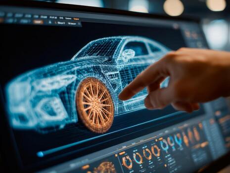 Digital rendering of a futuristic automotive design on a computer screen photo