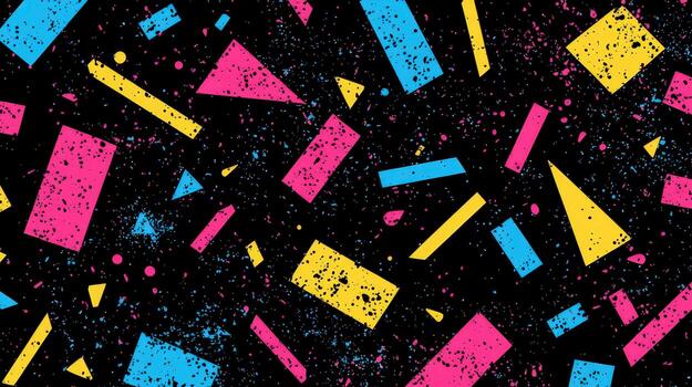 Vibrant geometric confetti pattern with splatter effect in neon pink, yellow, and blue on black background photo