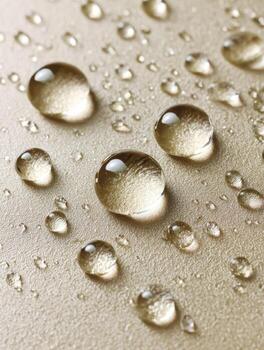 Transparent water droplets scattered on a textured beige surface capturing soft light reflections and creating natural patterns in a minimalistic composition photo