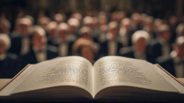 Open book on a lectern with blurred audience in the background at a formal event, symbolizing knowledge sharing and public speaking in an elegant setting photo
