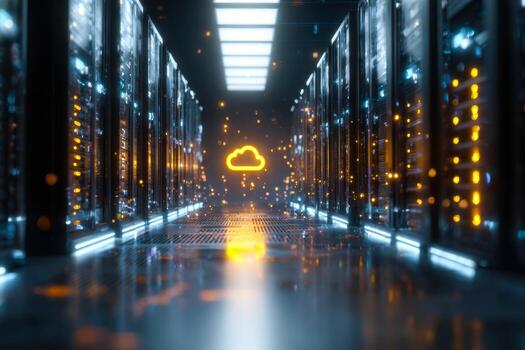 Modern data center with illuminated cloud storage icon and glowing server racks photo