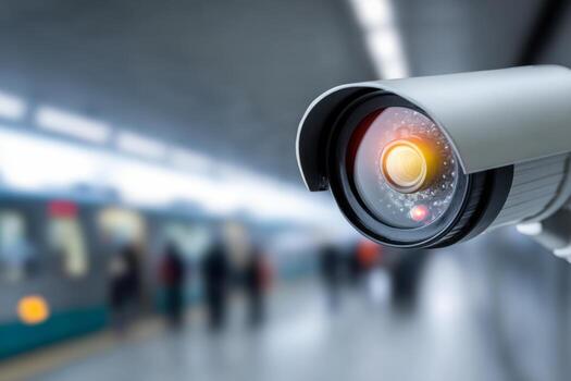Close-up of a modern surveillance camera monitoring activity at a busy transportation hub with blurred travelers and a train in the background, emphasizing security technology. photo