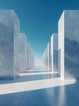 Symmetrical pathway with tall marble pillars casting long shadows under clear blue sky creating a minimalistic and futuristic architectural perspective view photo