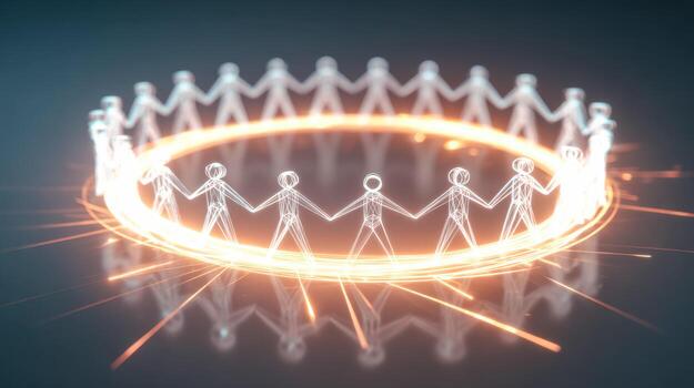 Digital hologram of interconnected human figures forming a circle representing unity and technology photo