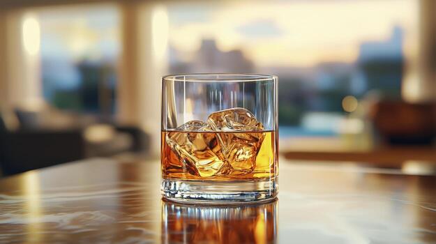 Sparkling whiskey with ice cubes in a glass on a reflective surface at sunset photo