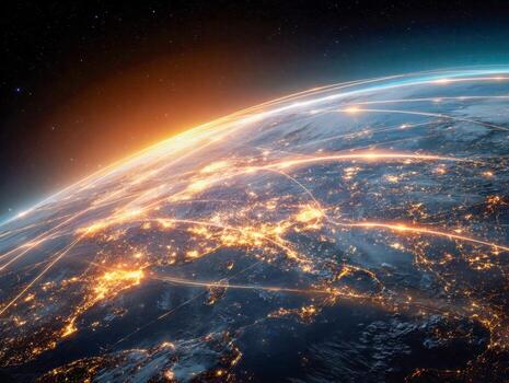 Global network illuminated over Europe at sunrise with connecting light trails showing international data flow and advanced communication technology from space view photo
