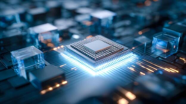 Close-up of a high-tech computer chip on a circuit board with glowing electronic components photo