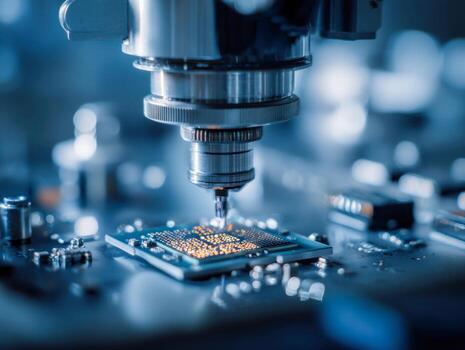 Precision manufacturing of microchips using advanced robotic equipment in a high-tech semiconductor fabrication laboratory photo