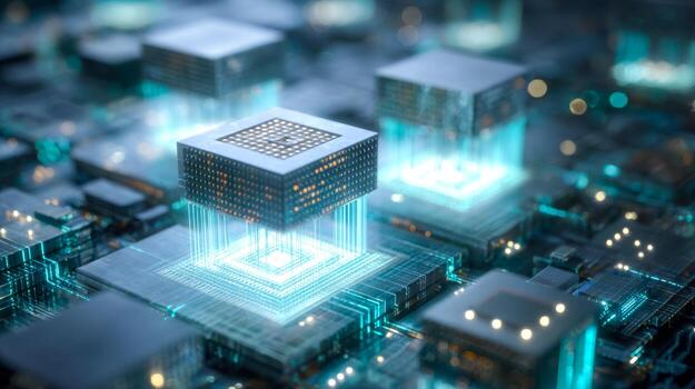 futurista digital circuitería con iluminado microprocesador componentes foto