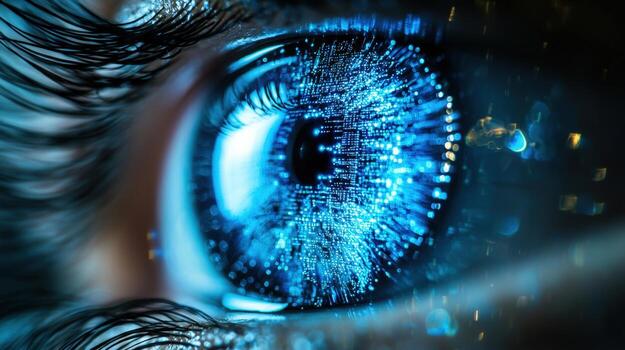 Close-up of a human eye with digital data and light effects, representing technology and innovation photo
