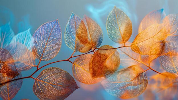 Close-up of delicate translucent leaves with intricate veins illuminated by warm light against a soft blue blurred background creating an ethereal natural pattern photo