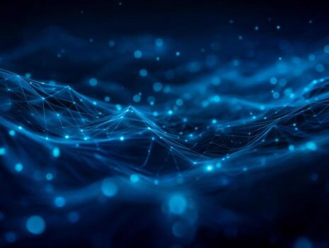 Digital network visualization with glowing interconnected nodes and flowing wave patterns photo