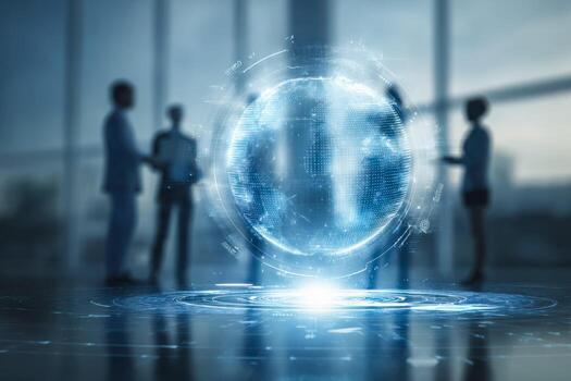 Digital globe and futuristic technology concepts in a business setting photo