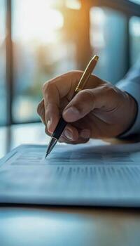 Close-up of a person signing a document with a pen in front of a window with sunlight background photo